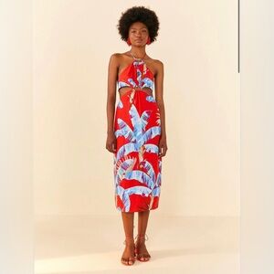 Farm Rio Red Sweet Jungle Cut Out Midi Dress